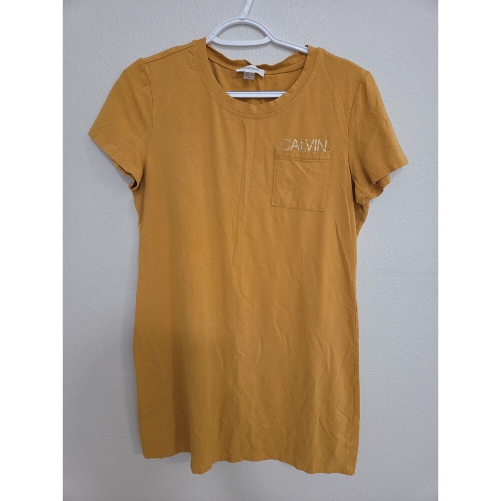 Calvin Klein Yellow Logo T-Shirt Dress Womens Large Cotton A-Line Casual Comfort